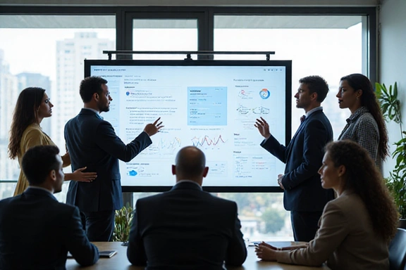 A diverse team of professionals collaborating on a strategic plan in a modern office.