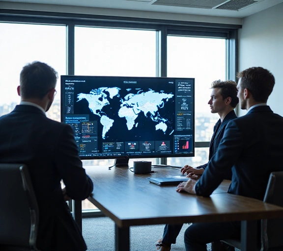 A team of diverse professionals collaborating in a modern, open-plan corporate office.