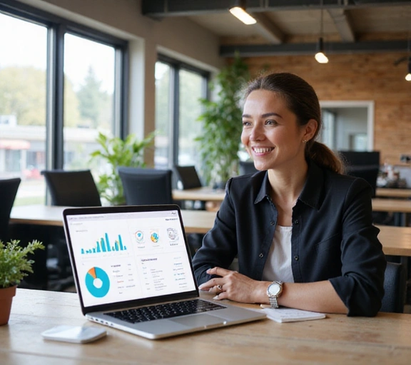 A small business owner smiling while working on a laptop in a bright, modern office space.