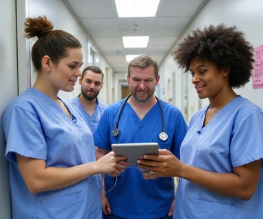 Healthcare professionals in a hospital setting.