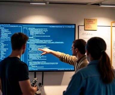 Software developers collaborating around a computer screen.