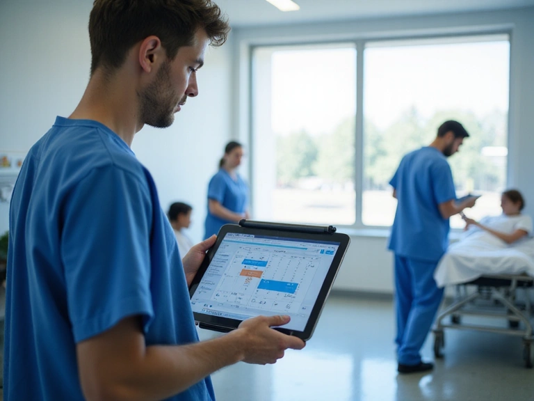 A medical professional using a tablet to manage staff schedules in a hospital setting.