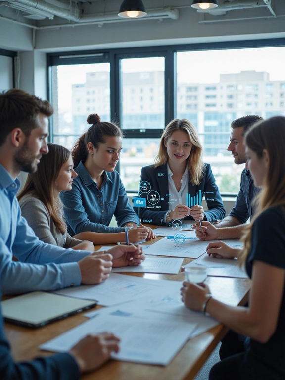 A diverse team of professionals collaborating in a modern office.