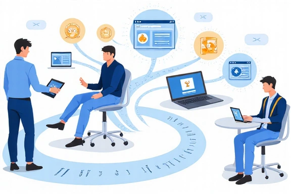An employee interacting with a seamless HR portal on multiple devices.